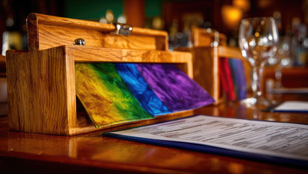 Wooden display case, with slots for colorful placemats, is on a wooden table. The placemats are various shades of the rainbow spectrum.の素材