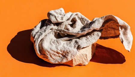 Piece of light gray linen cloth is draped over a textured stone object, which is placed against an orange background.  The lighting creates a dramatic shadow on the surface. The image emphasizes the folds and texture of the fabric and the stone.の素材