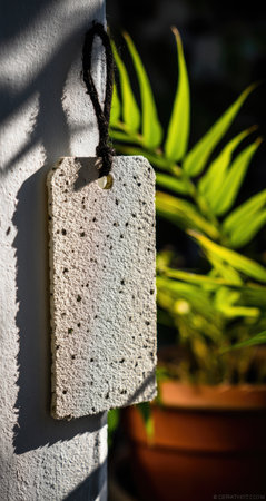 Textured, decorative tag, with a string hanging from it, is attached to a white wall.  The tag has a mottled, stone-like appearance.  A plant, with leaves and a terracotta pot, is visible in the background.  Sunlight casts a shadow on the wall.の素材