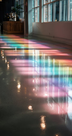 Polished floor in a hallway, reflecting vibrant colors of light filtering through stained glass or similar elements.  The reflections create a spectrum of colors on the floor, with light and shadow patterns.の素材