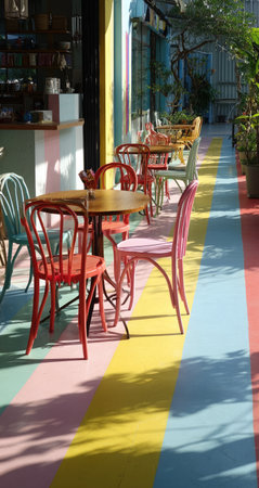 Outdoor cafe patio area with colorful tables and chairs arranged on a light-colored striped floor.  The tables are wooden, and the chairs are colorful metal.  The floor is decorated with horizontal stripes in various pastel colors.  Sunlight casts shadows from trees or plants onto the floor, adding depth to the scene.の素材