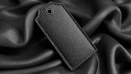 Close-up view of a black leather tag, placed on a dark gray leather surface with various folds and wrinkles, showing the detailed texture of the leather.  The tag features subtle stitching and a small metal grommet.の素材