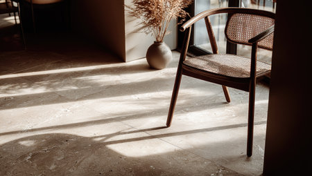 Room with a woven wooden chair, bathed in sunlight.  The sunlight creates prominent shadows on the stone floor. A neutral color palette and simple design are prevalent.の素材