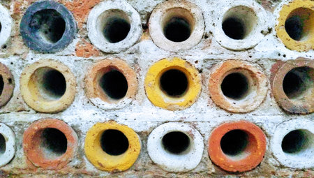 Close-up view of a wall constructed with alternating colored bricks, each containing a circular hole. The holes are different colors, creating a vibrant and decorative pattern.の素材
