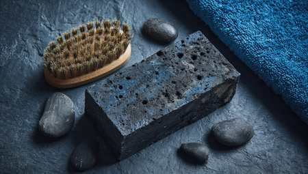 Dark gray stone bar, a natural bristle brush with wooden handle, and a blue towel are arranged on a dark gray slate surface.  Small dark gray stones are scattered around the items.  The image highlights the texture and color contrast of the items.の素材