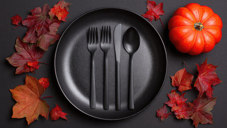Black plate with a set of black cutlery sits on a dark surface.  Around the plate are scattered autumnal leaves, and a small orange pumpkin rests to the right of the plate.の素材