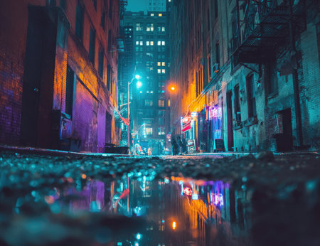 Narrow, nighttime city street, lined with buildings, is filled with vibrant neon light reflections in puddles on the ground. Brick walls and buildings in varying shades of orange and teal dominate the scene.の素材