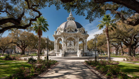 Large, ornate bandstand in a park, surrounded by trees and landscaping.  The bandstand is a light, off-white color, and features intricate architectural details.  The surrounding area includes lush greenery, flowers, and a paved walkway.の素材