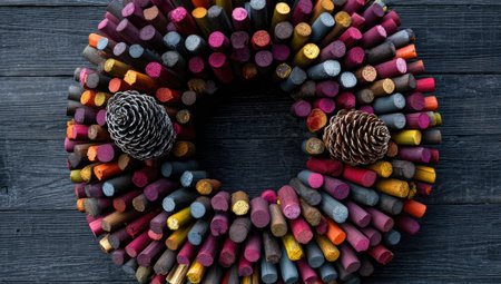 Circular decorative wreath made of numerous small, colorful wooden sticks arranged in a circle, with two pine cones placed on top. The wreath sits on a dark wooden surface.の素材