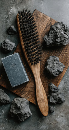 Dark gray hairbrush with a wooden handle, set on a wooden cutting board with dark gray stones. A bar of dark gray soap is also present in the image.の素材