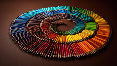 Large quantity of colored pencils arranged in a spiral pattern on a dark brown surface. The pencils showcase a wide range of colors, forming a vibrant and visually appealing composition. The arrangement creates a captivating spiral effect, emphasizing the diversity and gradation of colors. The dark background further enhances the colors of the pencils.の素材