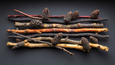 Flat-lay composition of diverse colored sticks and pine cones arranged in a horizontal pattern on a dark gray background. The sticks and cones exhibit varied tones of brown, orange, and beige. The image showcases a detailed design with a focus on the textures and natural colors of the materials.の素材