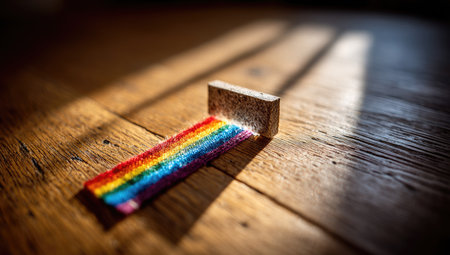 Small piece of rainbow-colored fabric is laid on a wooden surface.  A light source casts shadows on the wooden floor. A small piece of light-colored material, possibly a block, is placed next to the fabric.の素材