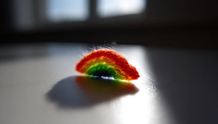 Small, rainbow-colored knitted object, likely a craft piece, rests on a light-colored surface.  The object is in sharp focus, with the surrounding area softly blurred.  A noticeable shadow is cast by the object.  The colors are vibrant and create a rainbow effect.  The texture of the knitted material is visible.の素材