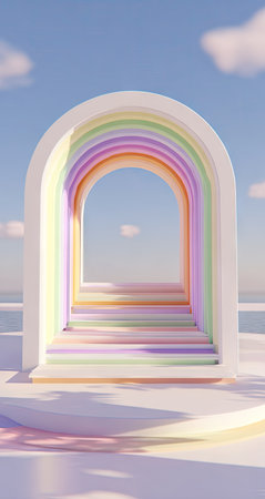 Pastel rainbow-colored archway with steps leading up to a circular platform. The archway and steps are a light, neutral white color with pastel-toned rainbow stripes, creating a cheerful and vibrant aesthetic.  The platform is also light-colored, and the overall image is suggestive of a scene for a photoshoot or product display against a backdrop of a clear blue sky and a body of water.  Shadows are cast, enhancing the three-dimensionality of the design elements.の素材