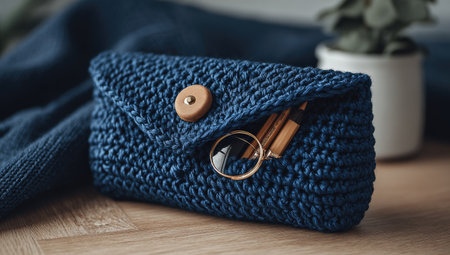 Dark navy blue crocheted pouch rests on a light wooden surface. The pouch appears to have a small wooden button and contains various small accessories, including eyeglasses and pencils.  The texture of the crochet is visible and detailed.の素材