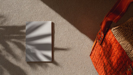 High-angle close-up view of a blank book and a woven bag, both resting on a beige textured surface.  Soft shadows cast by natural light.  The bag is orange and brown, with a leather-like handle. The book is plain white, and the shadowing provides a visual effect to the image.の素材
