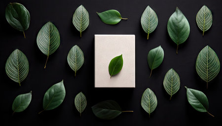 Square, light-gray box is centered in a symmetrical pattern of dark green leaves on a dark background. The leaves have a distinctive veined structure. The image is a flat lay design.の素材