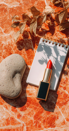 High-angle, close-up view of a flat lay composition featuring a heart-shaped stone, a lipstick, and a spiral-bound notepad on a marbled surface.  The image is lit by natural light, casting shadows that add depth to the scene.  Dried leaves and branches are subtly incorporated into the arrangement. The color palette is centered around warm earth tones with pops of red.の素材