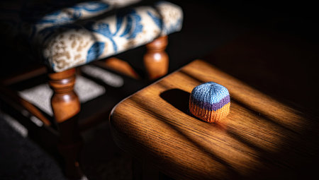 Small, knitted sphere, with orange and blue-purple stripes, sits on a light-brown wooden table. The table is in a room with wooden stools. The light creates dramatic shadows on the table.の素材