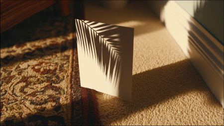Shadow of a palm leaf, cast on a light beige carpet, is the subject of the image.  A white card with a cut-out palm leaf design sits on the carpet, creating the shadow effect. The image also shows details of the carpet's texture and the interior's warm lighting.の素材