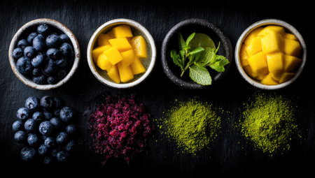 Top-down view of various fresh fruits and spices, displayed in small bowls on a dark surface.  The fruits include blueberries and mango; the spices include matcha powder and a purple-colored spice.  Fresh herbs are also visible.の素材