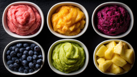 Overhead view of small bowls filled with assorted baby food purees and fruit. The purees are various colors, including pink, orange, purple, and green.  A bowl of blueberries and a bowl of cubed pineapple are also visible.の素材