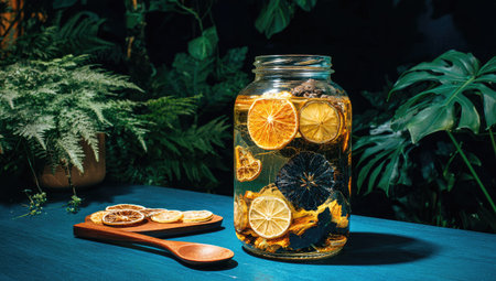Glass jar filled with dried orange and lemon slices, along with other dried fruit pieces, stands on a teal-colored surface, surrounded by lush greenery.  Wooden serving spoons and trays with additional slices are visible.の素材