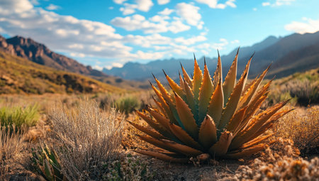 A unique and beautiful desert plant, Aloe ferox, set against the backdrop of mountains and a blue sky. The photograph was taken using a Sony Alpha A7 III camera. --ar 53:30 --v 6.1 Job ID: c743a824-d607-48a4-a6a0-1cc148a7641fの素材