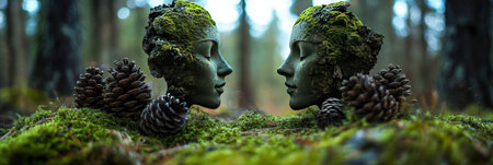 Beautiful moss-covered background with a forest and pine cones, a symmetrical composition, depth of field effect, green tones, a natural environment, a wide-angle lens, soft light, a static scene, harmonious colors, and a sense of calmness. In the style of photorealistic portraits, the image depicts serene faces on a panoramic scale. --ar 3:1 --v 6.1 Job ID: ded220dd-735e-41ea-a805-a53d694d8a62の素材