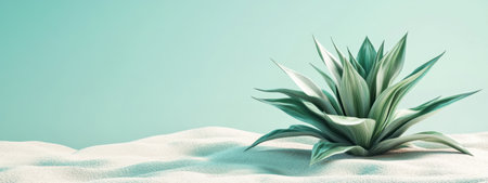 Agave plant growing in the sand, 3D render, green and white colors, light blue background, minimalist style, high resolution. --ar 8:3 --v 6.1 Job ID: 0a48ace3-010a-4450-bbaf-6e87103ff611の素材