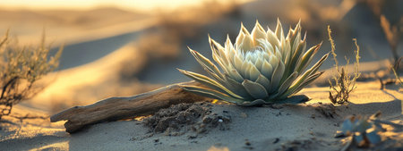 A close-up of an agave plant in the desert, with its spiky leaves and white petals growing out from its trunk. The background is a blur of sand dunes, and sunlight illuminates them, creating a soft light that highlights their textures. In front, there is some soil on which two small pieces of wood rest, with one being slightly higher than the other. This scene creates a sense of depth and texture, as if we were looking at these plants up very closely. --ar 8:3 --v 6.1 Job ID: 12b1f689-8233-4b02-a03a-d080701abf7fの素材