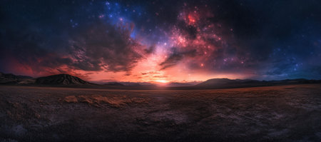Panoramic view of the sky with stars and galaxies, nebulae clouds, distant planet surface, fantasy landscape, in the style of fantasy art, in the style of fantasy realism, in the style of epic fantasy, cinematic lighting, dark red, blue, purple, black, and white colors, cloudy atmosphere, panoramic landscape, space in the background, distant mountains, fantasy world, in the style of space horror, space scene, in the style of space movie scene, dark space, in the style of dark fantasy, dark space landscape. --ar 34:15 --v 6.1 Job ID: d0e0d7b3-dbd9-4745-9d34-73cec8792cf4の素材