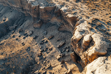 Photo of a rugged desert landscape with rocky terrain, captured from an aerial perspective. Web banner with copy space on the right. --ar 3:2 --v 6.1 Job ID: cd23e285-affa-4d73-a159-46fe02b2d204の素材