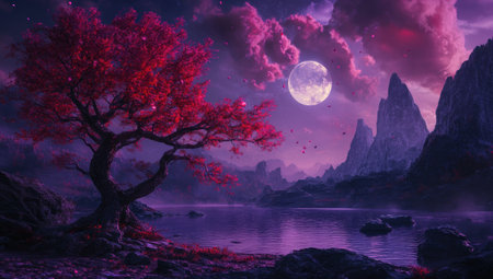 The purple-pink moonlight shines on the lake, and there is an ancient gnarled tree with red leaves in front of it. The surrounding mountains have rocks that resemble boulders. In the distance, there's another white celestial body, similar to a cherry blossom, hanging high above. It has some dark clouds around it. There should be no people or animals in the scene. This scene evokes a deep and mysterious ambiance. --ar 37:21 --v 6.1 Job ID: 1cf95001-3a8e-4702-9195-98f35b553821の素材