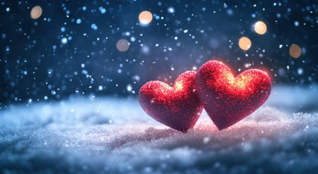 Two glowing hearts floating in the sky, surrounded by snow and stars, creating an enchanting Valentine's Day background. --ar 95:52 --v 6.1 Job ID: 76385640-85f4-42b4-a341-a61b5171c220の素材