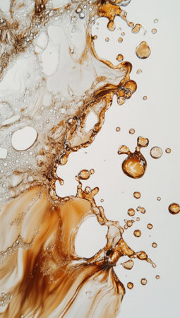 A dynamic splash of brown liquid, resembling coffee or tea with bubbles and droplets floating around it on a white background. --ar 17:30 --v 6.1 Job ID: 1939e146-d0d5-4492-991a-27a87cb62faeの素材