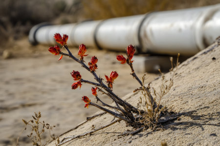 Close-up of a dead plant with red, tender buds growing out from the base, in a desert environment, near a large white pipe. --ar 3:2 --v 6.1 Job ID: 9148d41c-40d2-430e-86b7-9a14d501abbeの素材