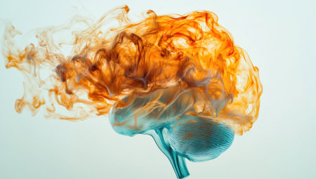 A brain made of smoke, set against a white background, with vibrant colors, high resolution, and intricate details. The artistic style is photorealistic, with studio lighting, warm tones, and fluid lines. The color scheme features shades of orange and blue, with shadows and highlights, creating an abstract art style. --ar 53:30 --v 6.1 Job ID: 0e34842a-efd1-4ba0-bd85-e98930e59487の素材