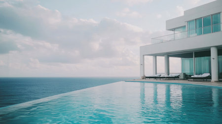 Infinity pool is nestled at the edge of a cliff, overlooking a vast expanse of ocean. A modern, white architectural house stands proudly above the pool, showcasing its sleek lines and panoramic views. The serene ambiance is enhanced by a clear sky dotted with clouds, creating a picture-perfect landscape.の素材