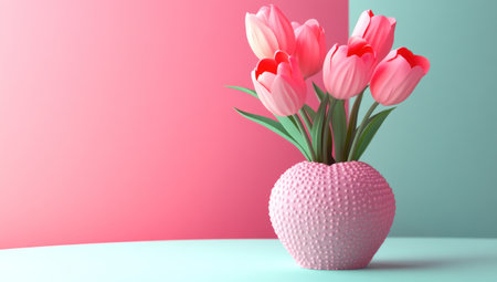 3D cute pink tulips in a vase with a heart on a pastel background, a Valentine's Day card design, vector illustration, commercial photo background for an advertising banner. --ar 53:30 --v 6.1 Job ID: fa683bb2-79e0-4fd9-8df8-c245453614a7の素材