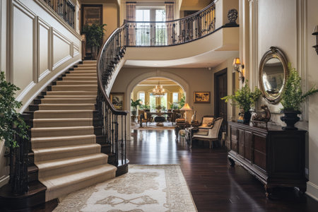 Luxurious home entryway with a curved staircase, cream-colored walls, and dark wood floors. --ar 3:2 --v 6.1 Job ID: f367a376-65af-44f8-a609-5d0802723037の素材