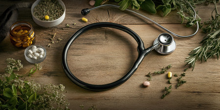 A stethoscope surrounded by various natural notes and herbs, alongside an open bottle of tablets or sachets on the table. The background is a wooden surface with some scattered leaves or plants to emphasize the natural health care concept. --ar 2:1 --v 6.1 Job ID: 6c24f981-e5ef-40b2-b1e0-f01556293e3eの素材