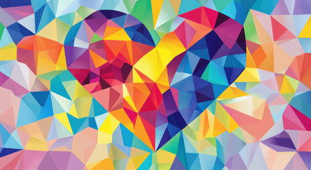 Colorful heart in the style of Cubism, vector illustration, with vibrant geometric shapes and colors forming an abstract design. The background is filled with multicolored hues creating a lively atmosphere. This design would be perfect for Valentine's Day cards or graphic designs that evoke joy and happiness. It could also represent love, affection, festive vibes, and diversity. Isolated on a pastel background. --ar 47:26 --v 6.1 Job ID: bea40ed5-06f5-49c9-834c-da0902f9ec1cの素材