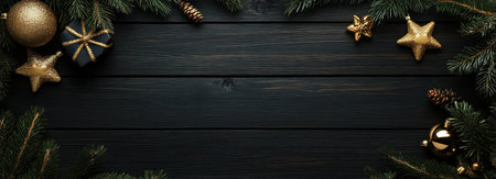 Christmas wooden background with a dark wood texture and golden decorations. Christmas concept, with copy space for text. 8K, ultra-realistic, stock photo, high-resolution photography, insanely detailed, fine details, isolated on a black solid color background. --ar 83:30 --v 6.1 Job ID: ac8b16f5-915f-46c1-8acc-0a76c8322fa6の素材