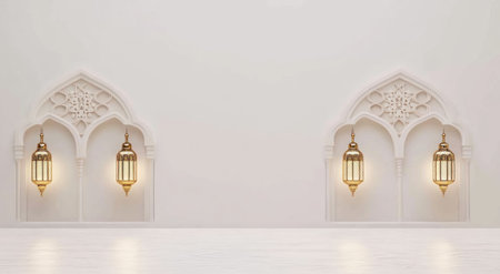 3D Ramadan Kareem background with lantern and mosque decoration elements on a white wall banner mockup, copy space for text, 20K resolution, no people or objects in the center of composition, minimalist style, soft lighting, elegant --ar 78:43 --v 6.1 Job ID: b31e63c0-8d87-4c1a-9c16-e4e2d0098179の素材