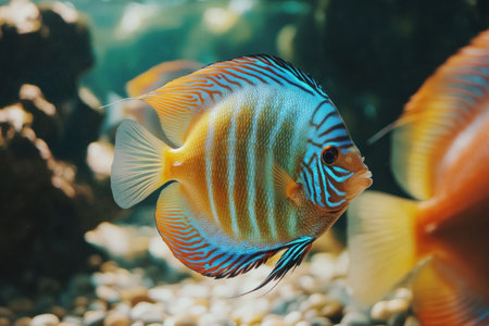 A group of colorful discus fish swimming in an aquarium with pebbles and rocks at the bottom, showcasing their vibrant colors under natural light. --ar 3:2 --v 6.1 Job ID: 15daeef8-a4ee-404e-b2e5-a60d36103b19の素材