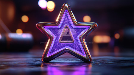 3D rendering of a metallic star, with a vibrant purple glow, situated on a dark surface.  The star's edges have a metallic finish, and the inside is filled with sparkling purple light. The background features a blurred dark backdrop with glowing lights, enhancing the star's prominence.の素材