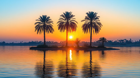 Tranquil sunrise over a calm lake, with silhouetted palm trees on a small island.  Reflections of the colors of the sky are seen on the still water.の素材