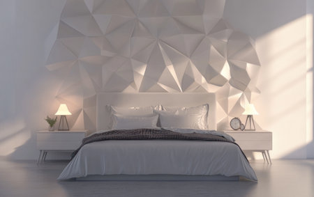 Minimalist modern bedroom with a bed, nightstand lamps, and a plain white wall background. Minimalist interior design of a hotel or home room in a 3D rendering illustration. Copy space, high quality. --ar 8:5 --v 6.1 Job ID: 0f1cf12d-1fa4-446e-86a4-88ecd8e2145fの素材